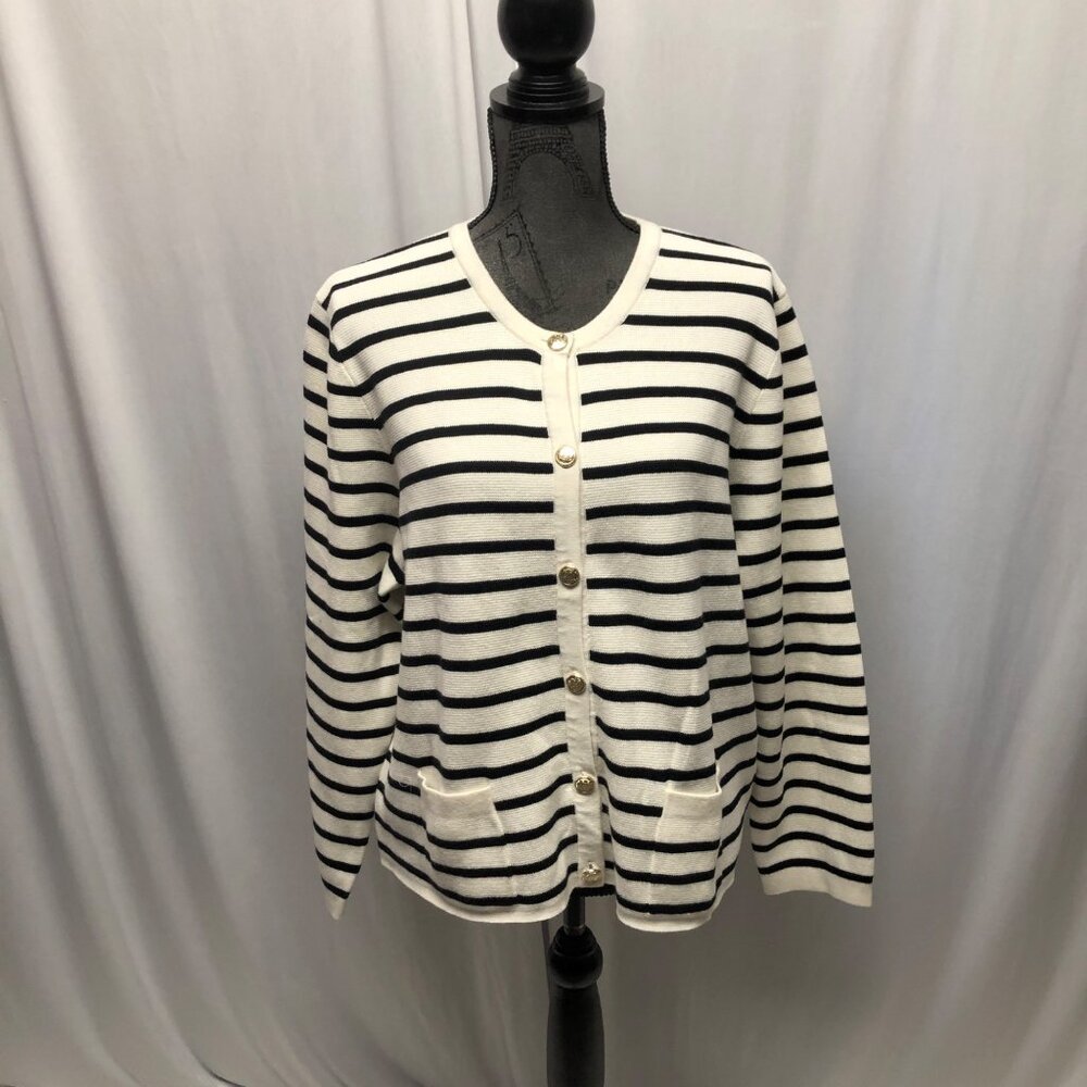 Nine West Striped Black White Cardigan Womens Sz XL Buttons Pockets Sweater NEW